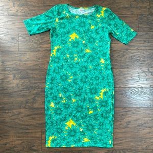 Lularoe Julia dress green flowers with yellow background